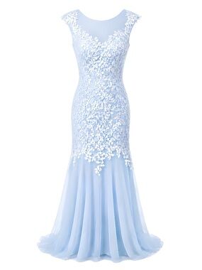 Jaeden Light Blue Lace Appliqué Illusion Neck Maxi Gown